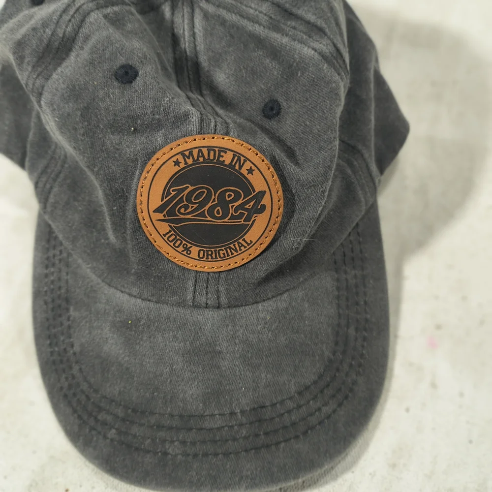 Made In 1984 Vintage Style Men's Dk Grey Cap with Brown Leather Patch